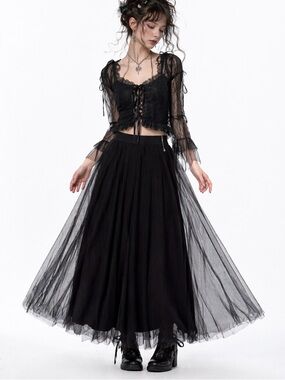 Lena Gabrielle black high rise layered tulle mesh full length maxi skirt size 4